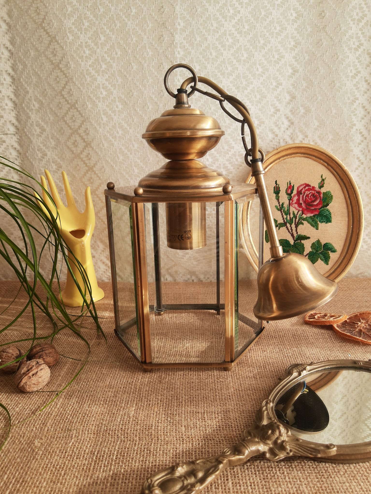 Brass and glass lantern pendant/chandelier - vintage