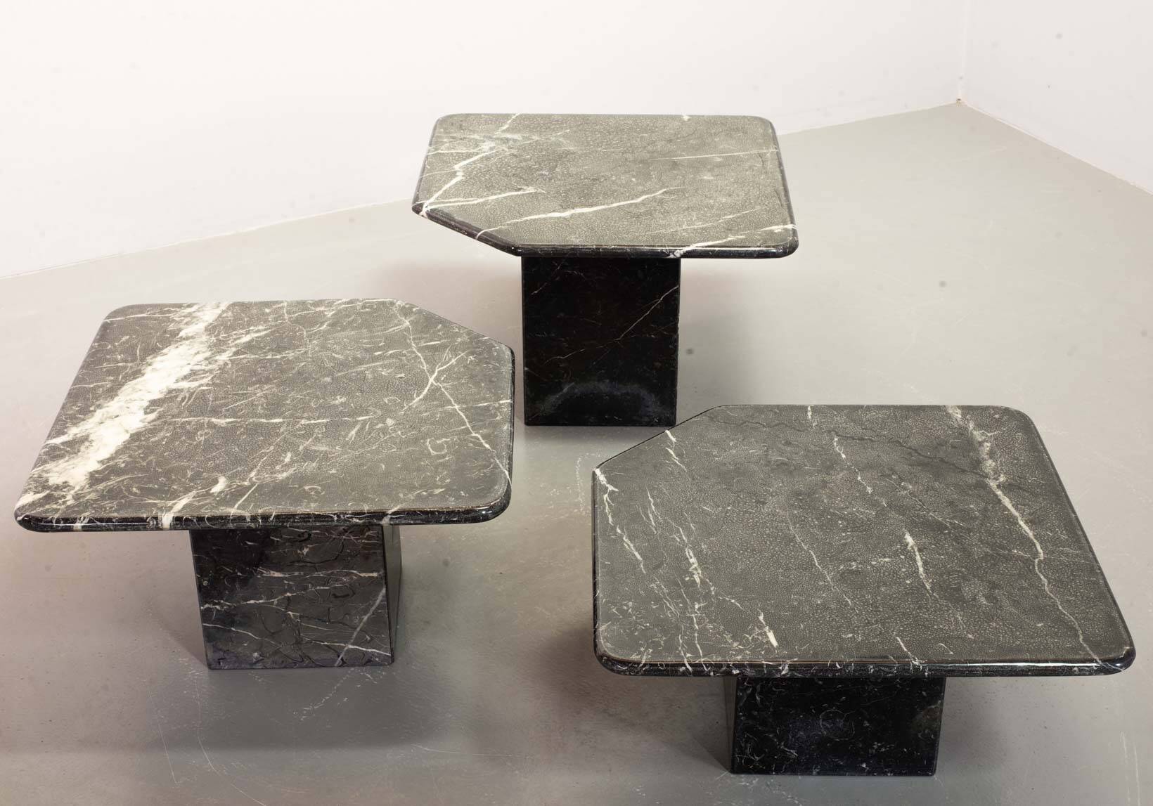 Italian Trio of Black Carrara Marble Side Tables with Oblique Angle, 1970s.