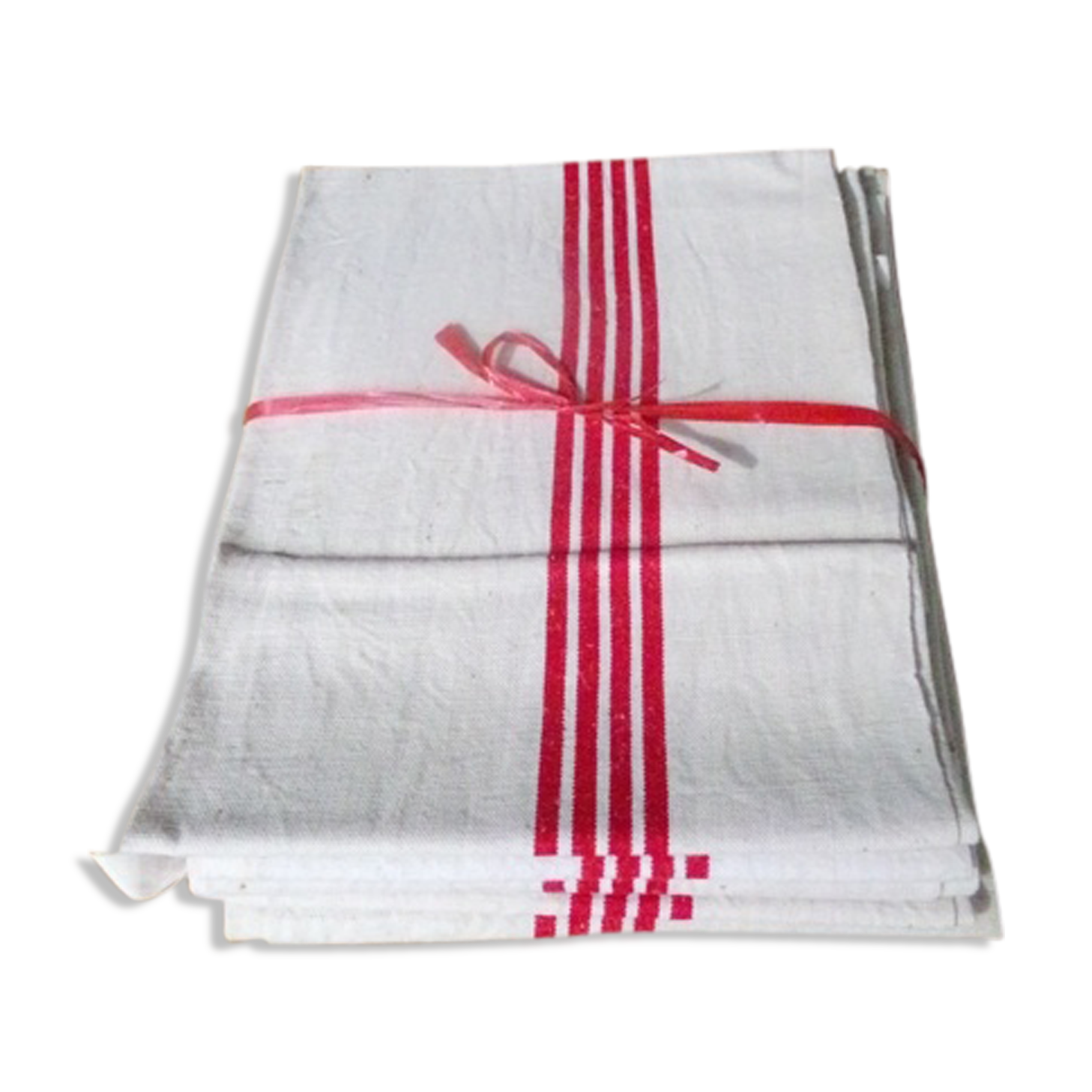 Old linen - 5 towels in métis, red stripes - 0111