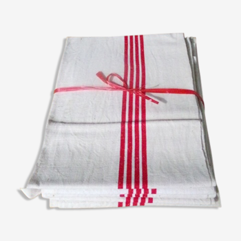 Old linen - 5 towels in métis, red stripes - 0111