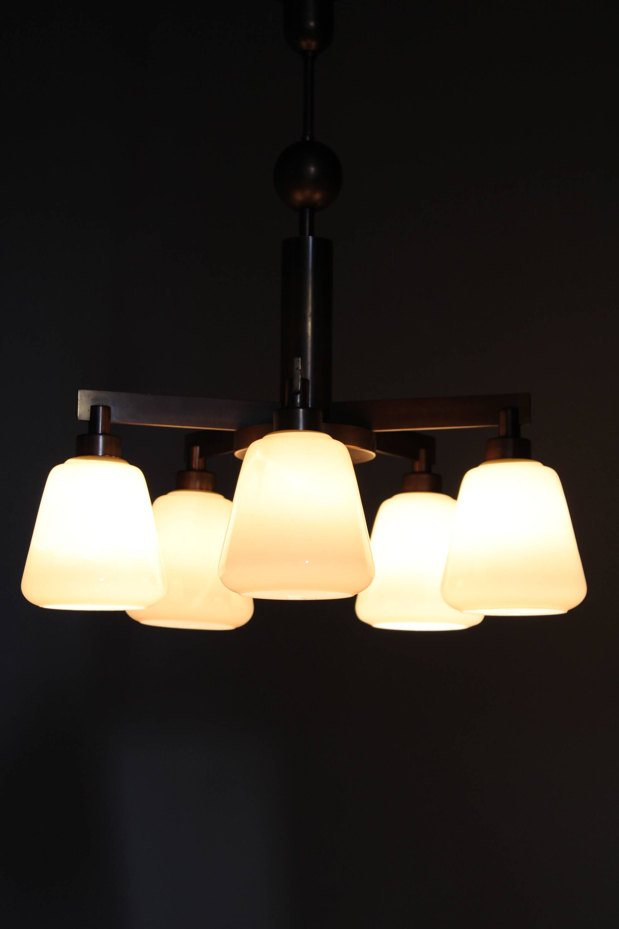 1930s Art Deco Brass Chandelier, Czechoslovakia