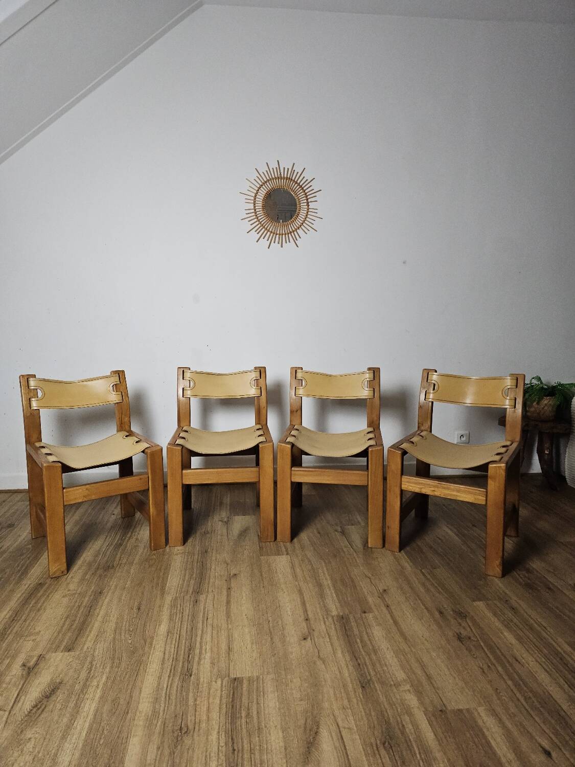 Solid Elm and cream leather chairs, Maison Regain, 1960s.