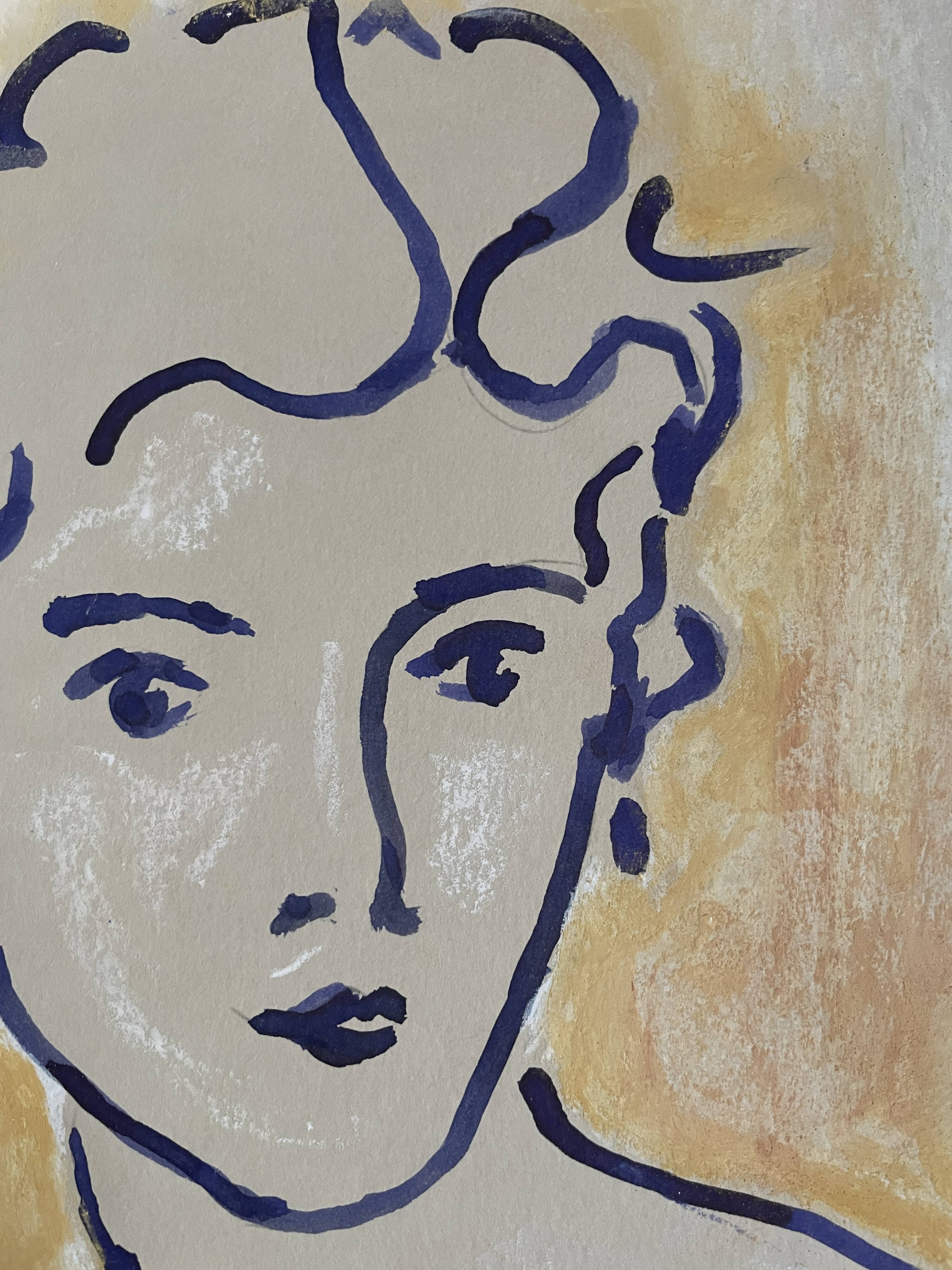 Painting signed Chinese ink and pastel female portrait “study”