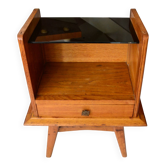 Compass foot bedside table in oak and opaline glass