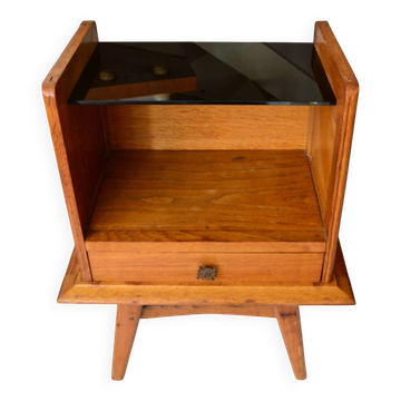 Compass foot bedside table in oak and opaline glass