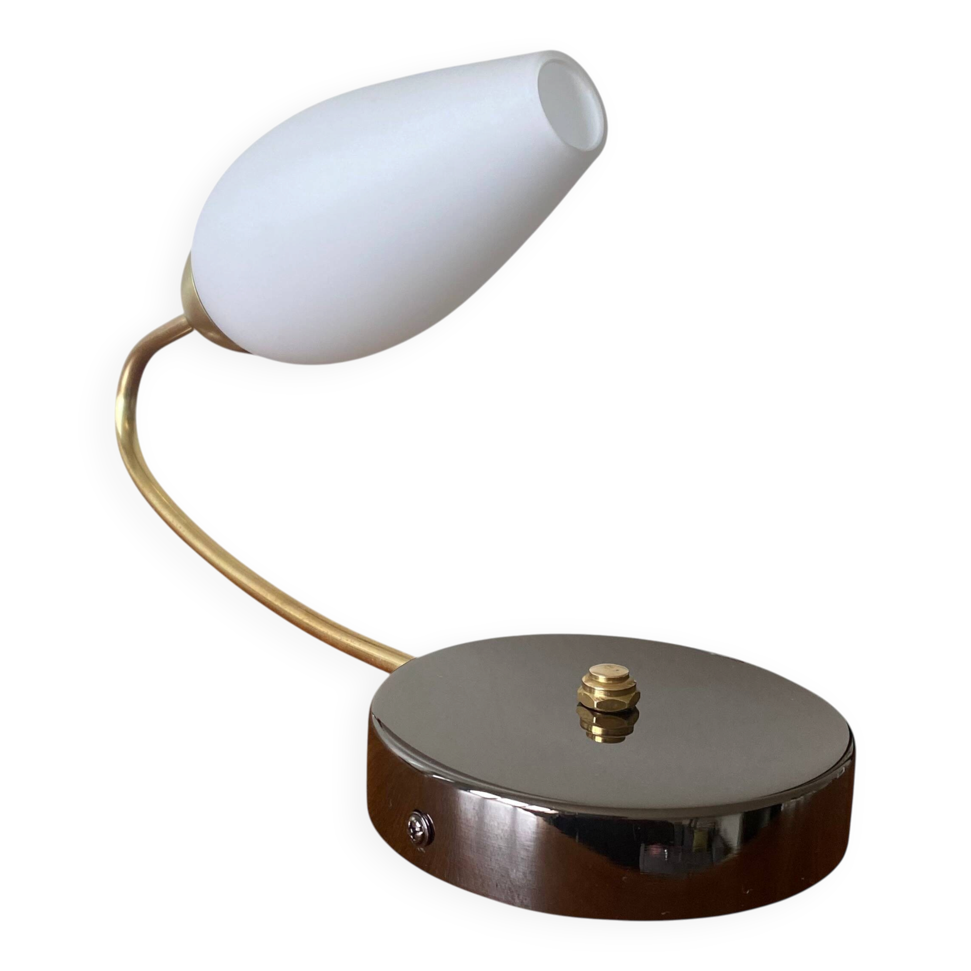 Swan neck wall light in brass and white opaline glass tulip.