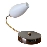 Swan neck wall light in brass and white opaline glass tulip.