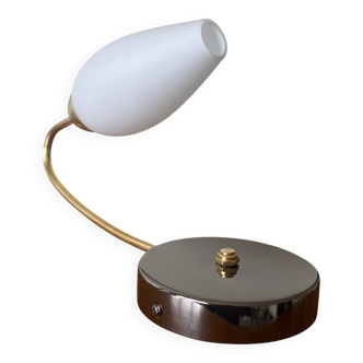 Swan neck wall light in brass and white opaline glass tulip.