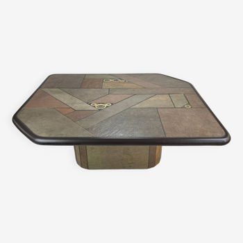 Brutalist coffee table Paul Kingma - stone, slate & brass