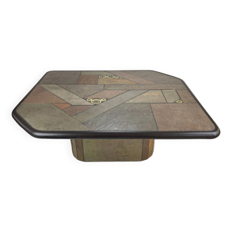 Brutalist coffee table Paul Kingma - stone, slate & brass