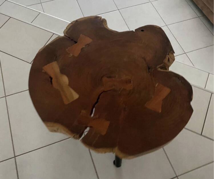 Coffee table wooden top trunk brutalist metal legs