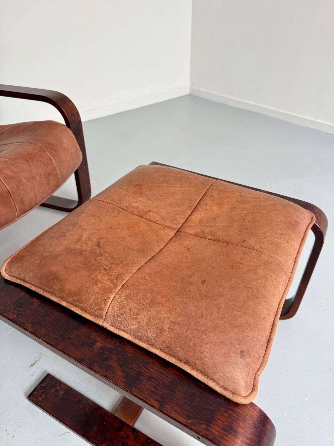 Yngve Ekström 70 Scandinavian design armchair with leather and wood ottoman
