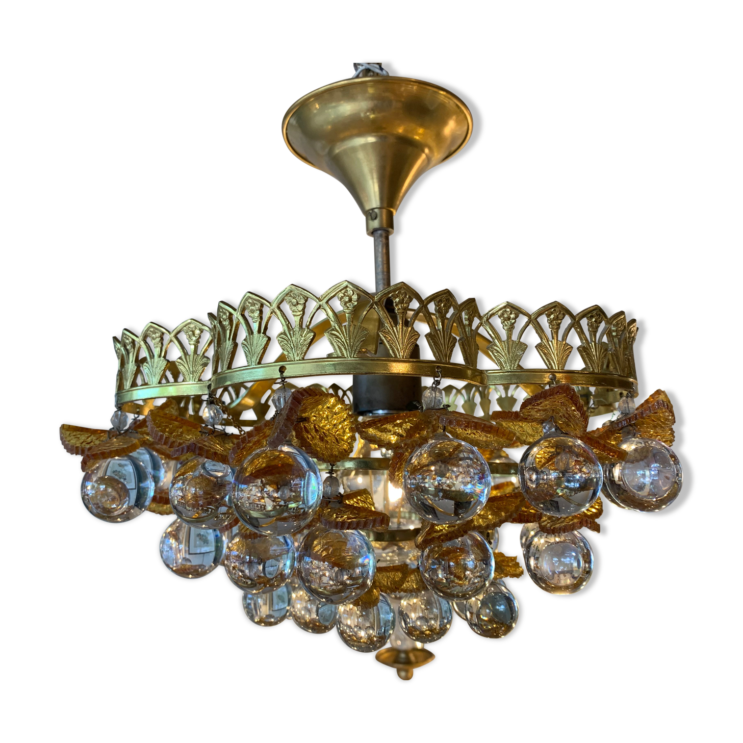 Murano ceiling light yellow flowers and glass balls 1970