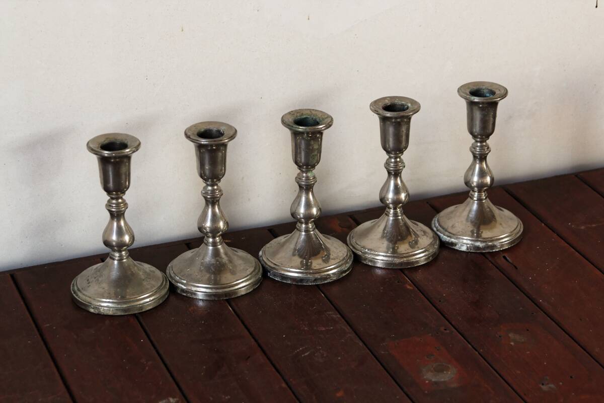 Set of 5 silver metal candle holders