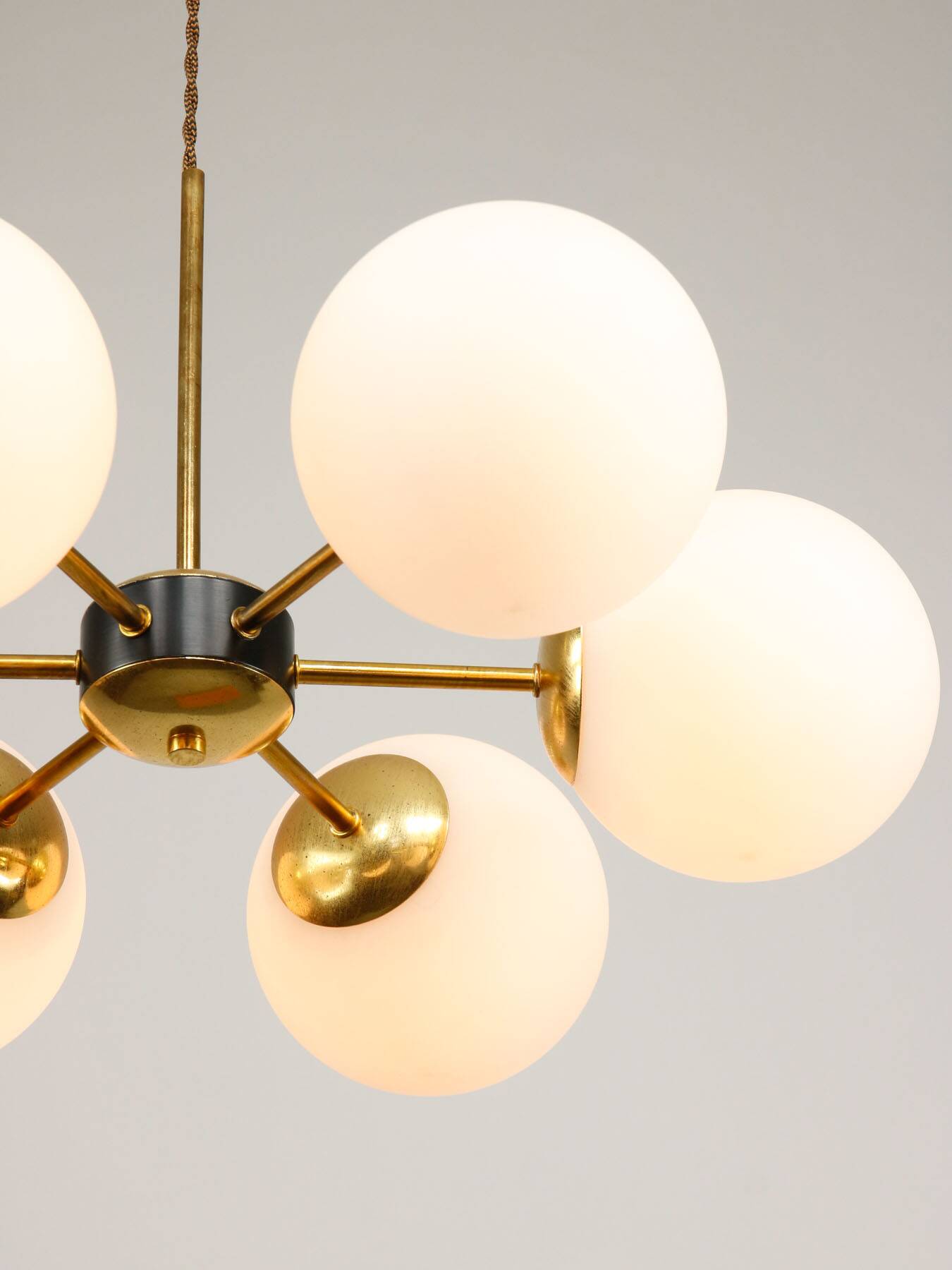Mid-Century Modern Italian 6-Arm Sputnik Chandelier with Opaline Shades, 19