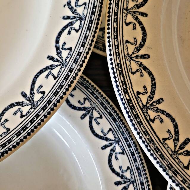 Salins R&A ironstone soup plates, Louis XVI Garland pattern
