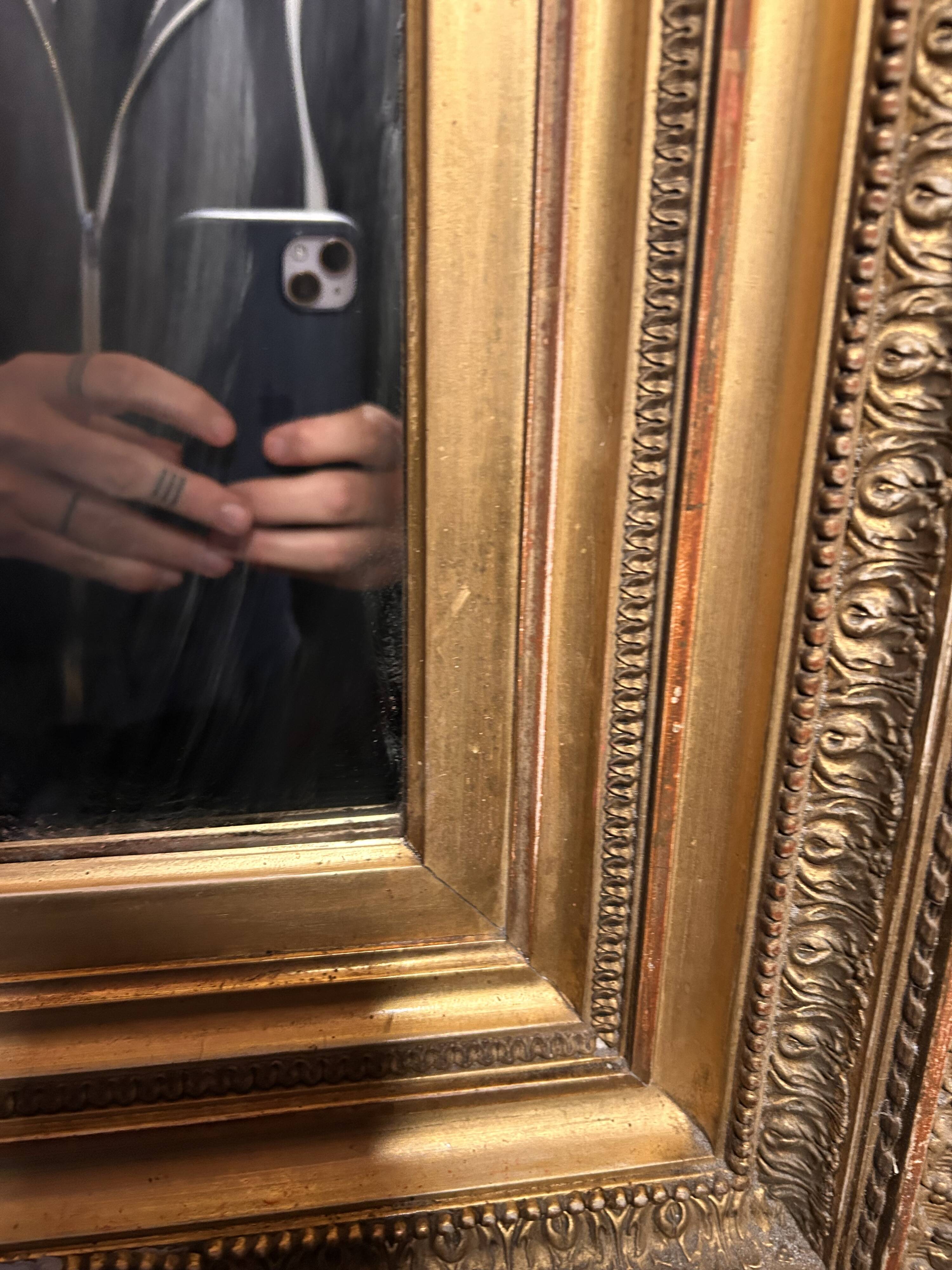 Large antique Napoleon III mirror – Wooden and gilded stucco frame – 135 × 114