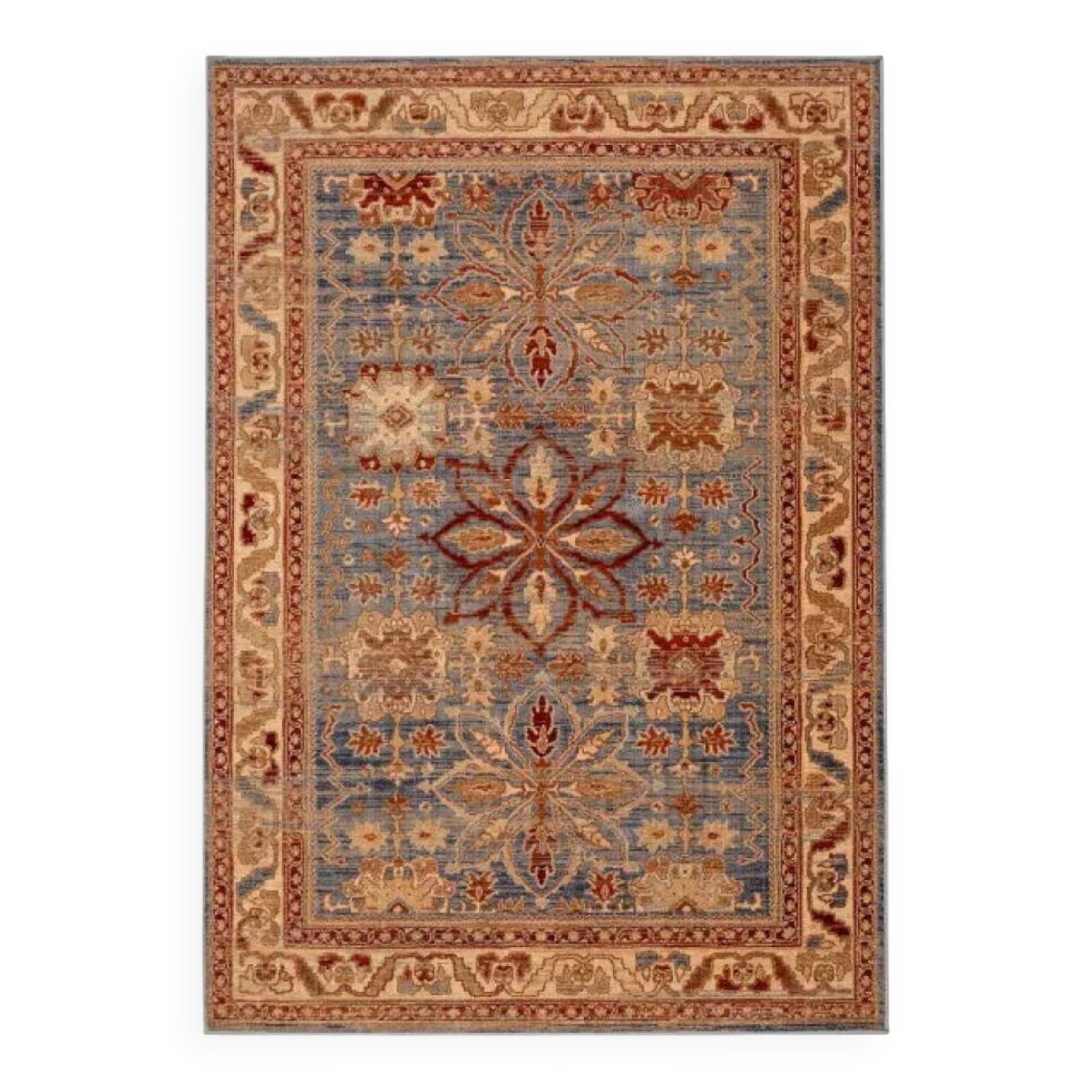 Beige, blue, red oriental rug.