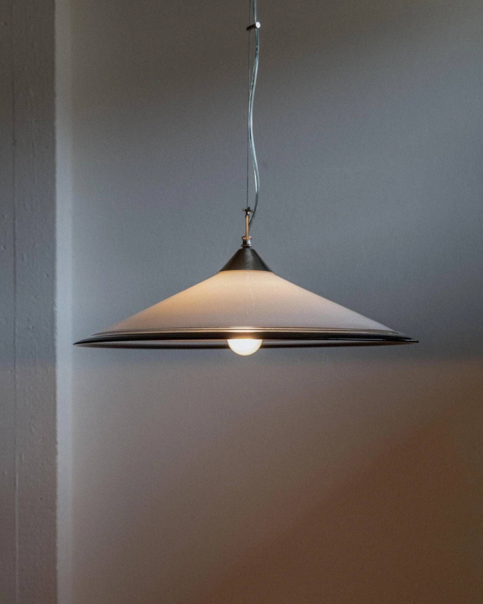Vintage Murano glass ceiling light - timeless shape, white glass with black edge, stainless steel - Italy 1970s - kitchen lamp, gift