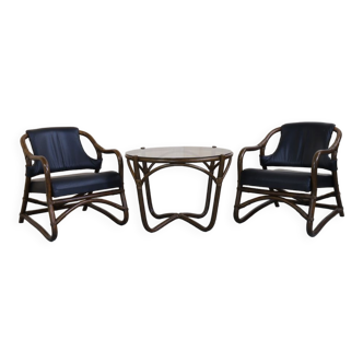 Vintage Lounge Set in Bamboo and Leather