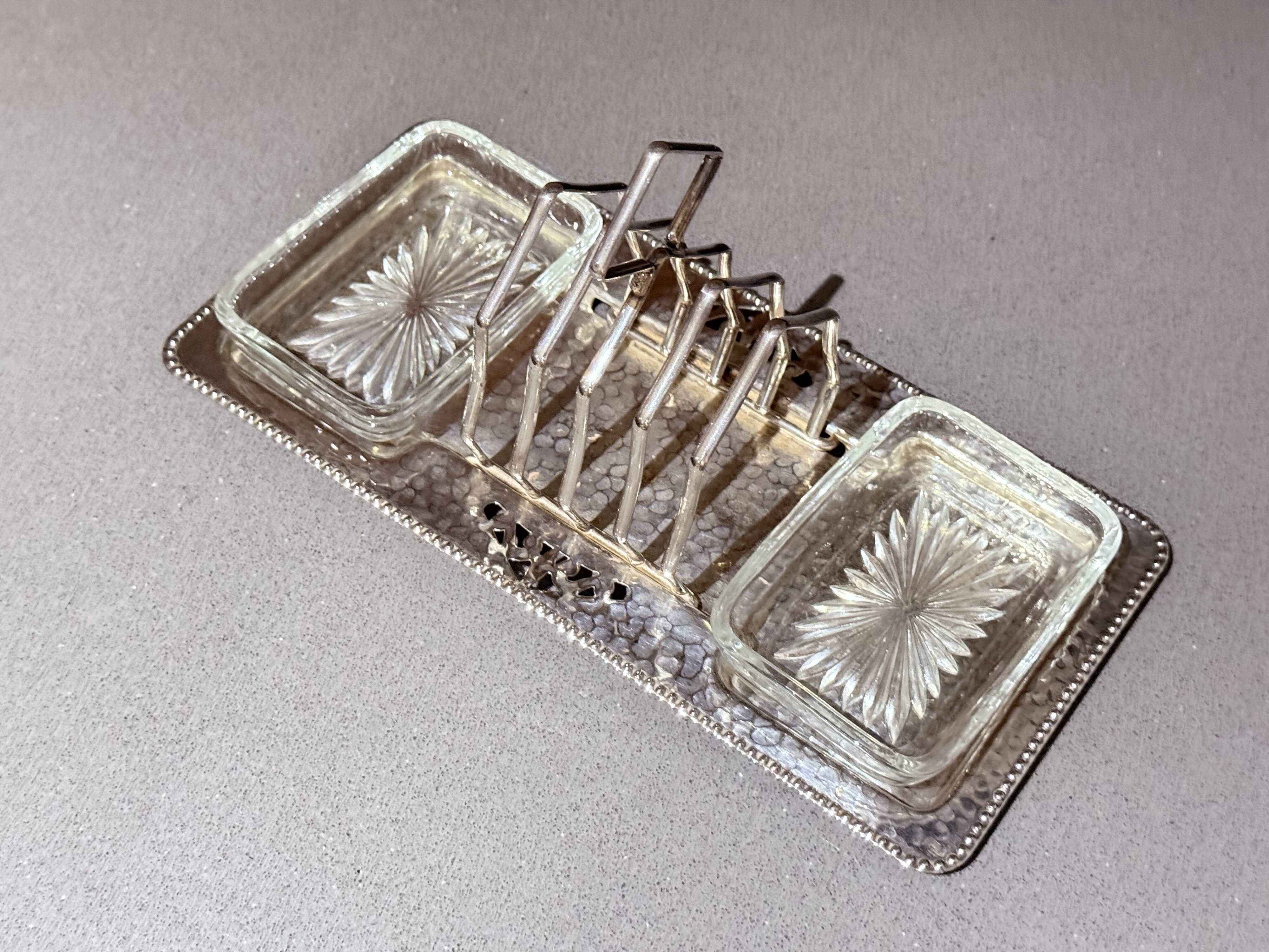 Art Deco Silver Plated Toast Rack, Matching Hammered Tray Crystal Butter Dishes