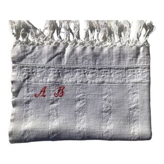 Serviette monogramme AB nid d’abeille coton frangé ancien