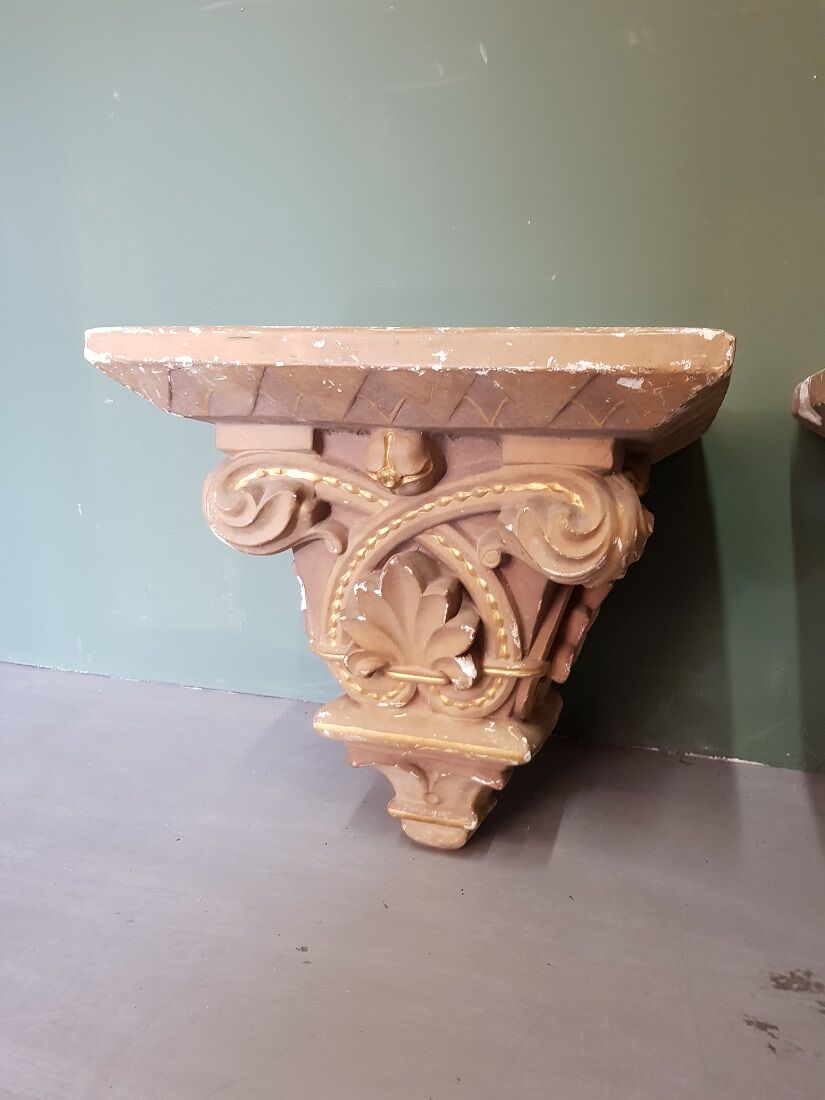 Early 20th Century French Plaster Wall Consoles In A Church Architectural Style