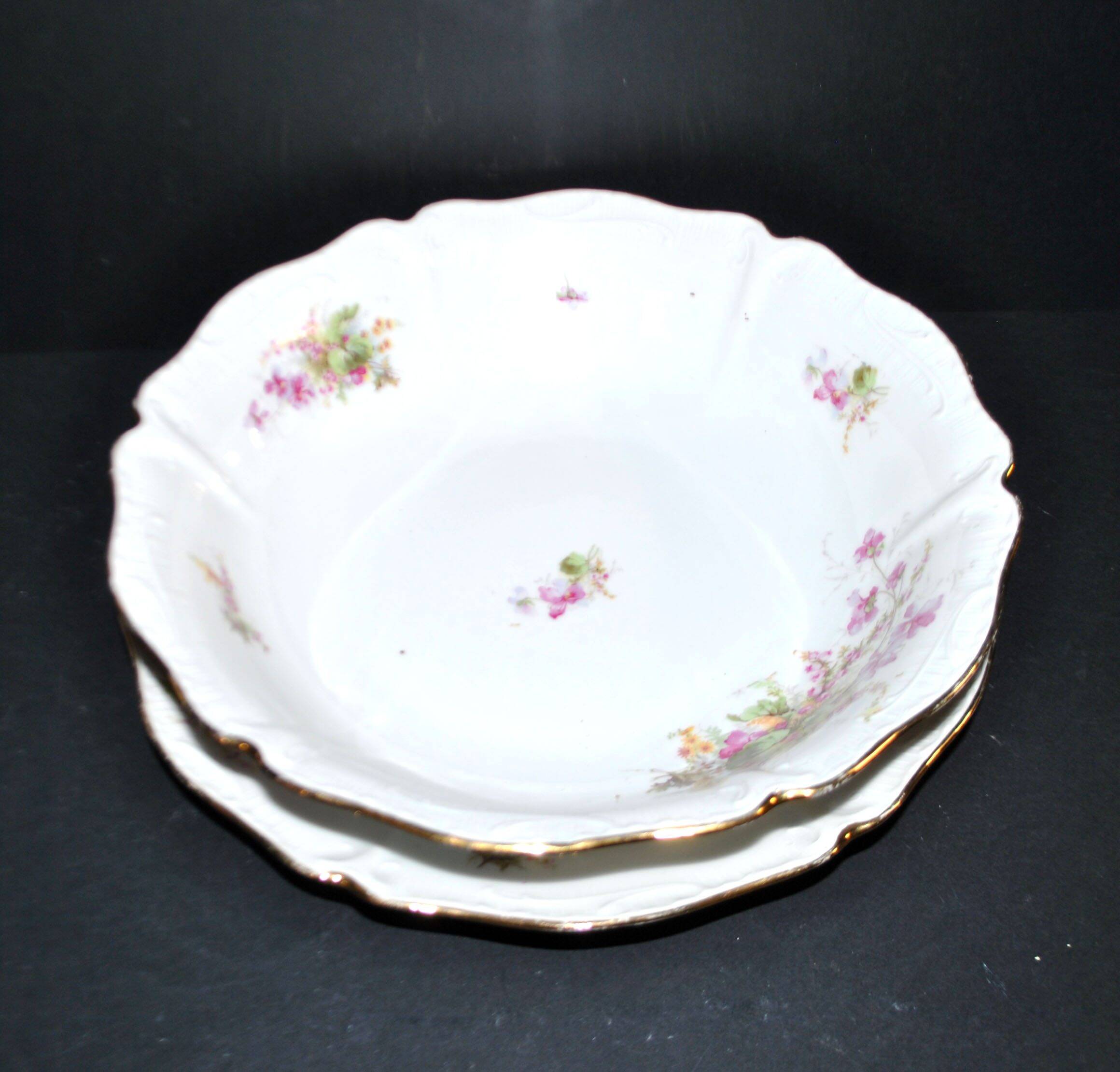 Vintage floral porcelain salad bowl with gilding + matching round plate