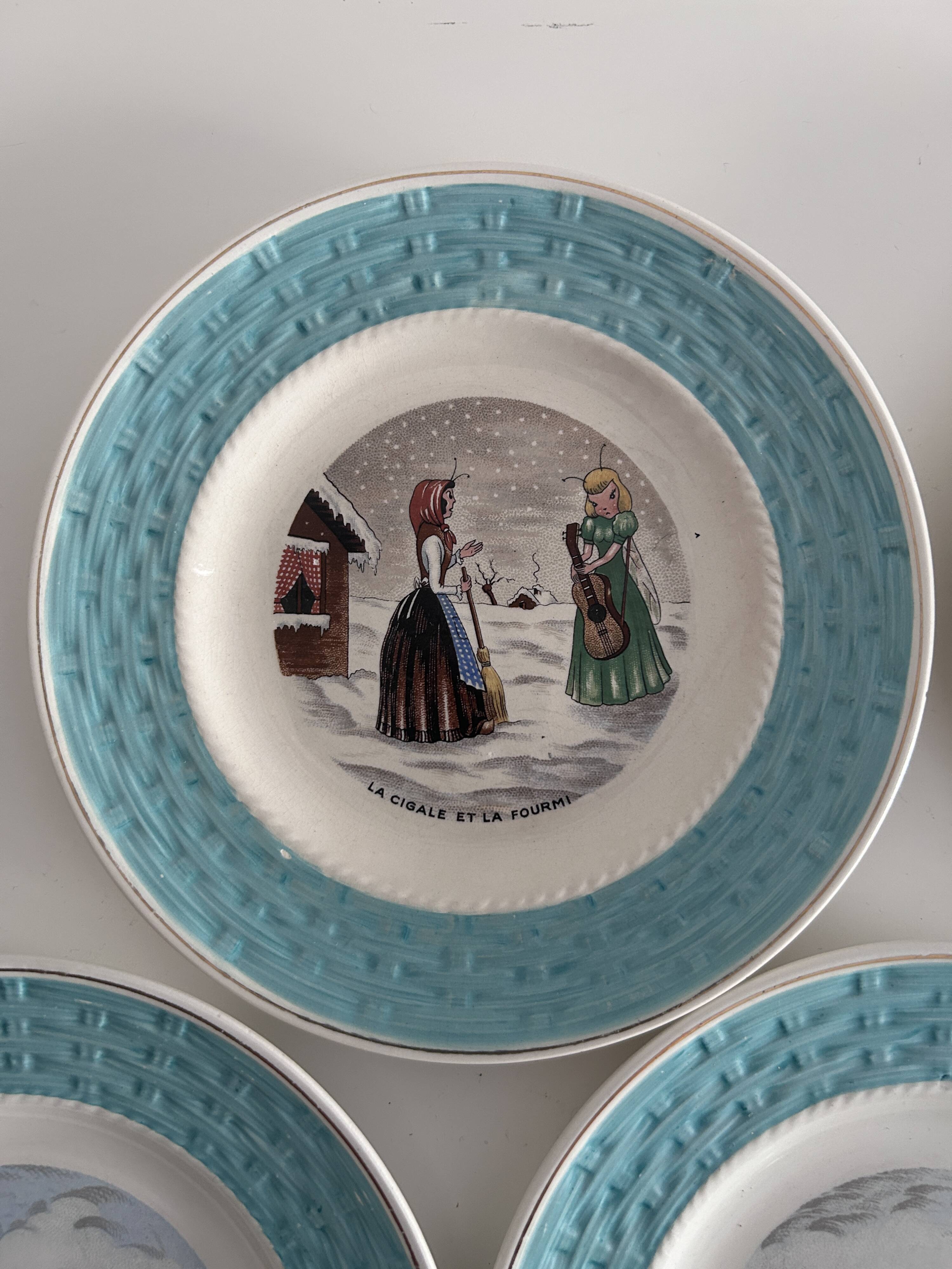 Set of 7 antique plates 18 cm – Fables de La Fontaine – turquoise decoration