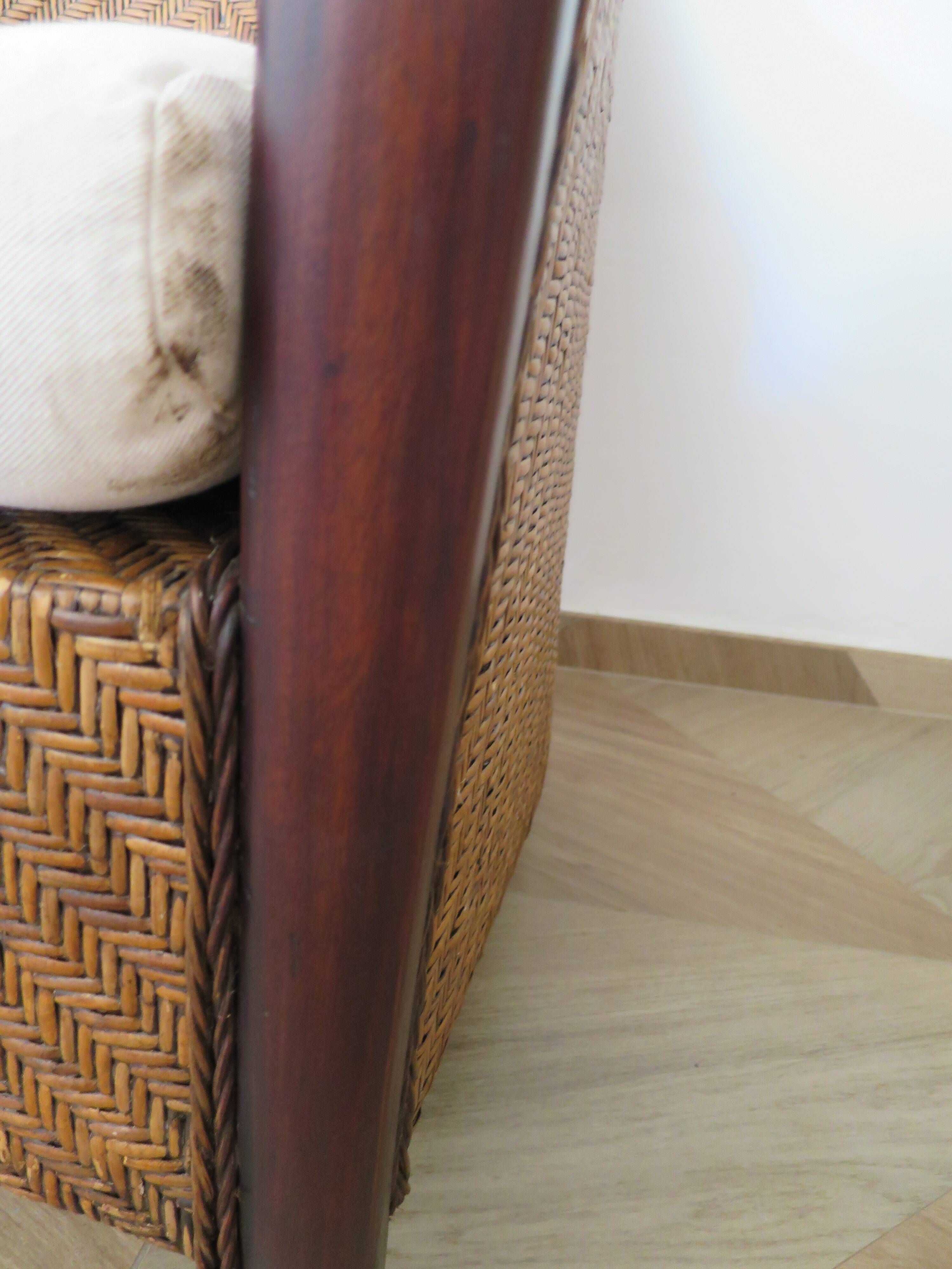 Colonial style armchair - woven rattan and exotic wood - vintage