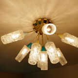 plafonnier lampe vintage, annees 50, verre laiton, bleu beige or