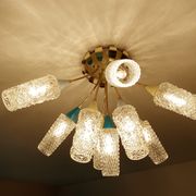 plafonnier lampe vintage, annees 50, verre laiton, bleu beige or