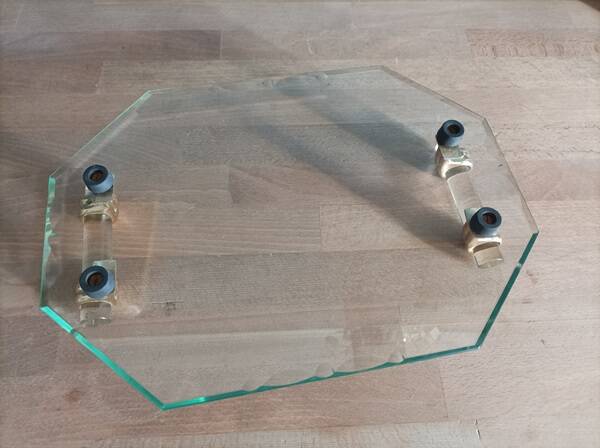 Art deco beveled glass tray with patinated gold handles