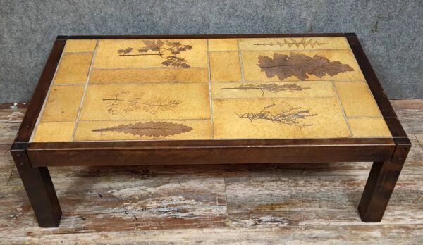 Table basse panneau de marqueterie encadré – Scène urbaine ancienne – 73 x 55 cm
