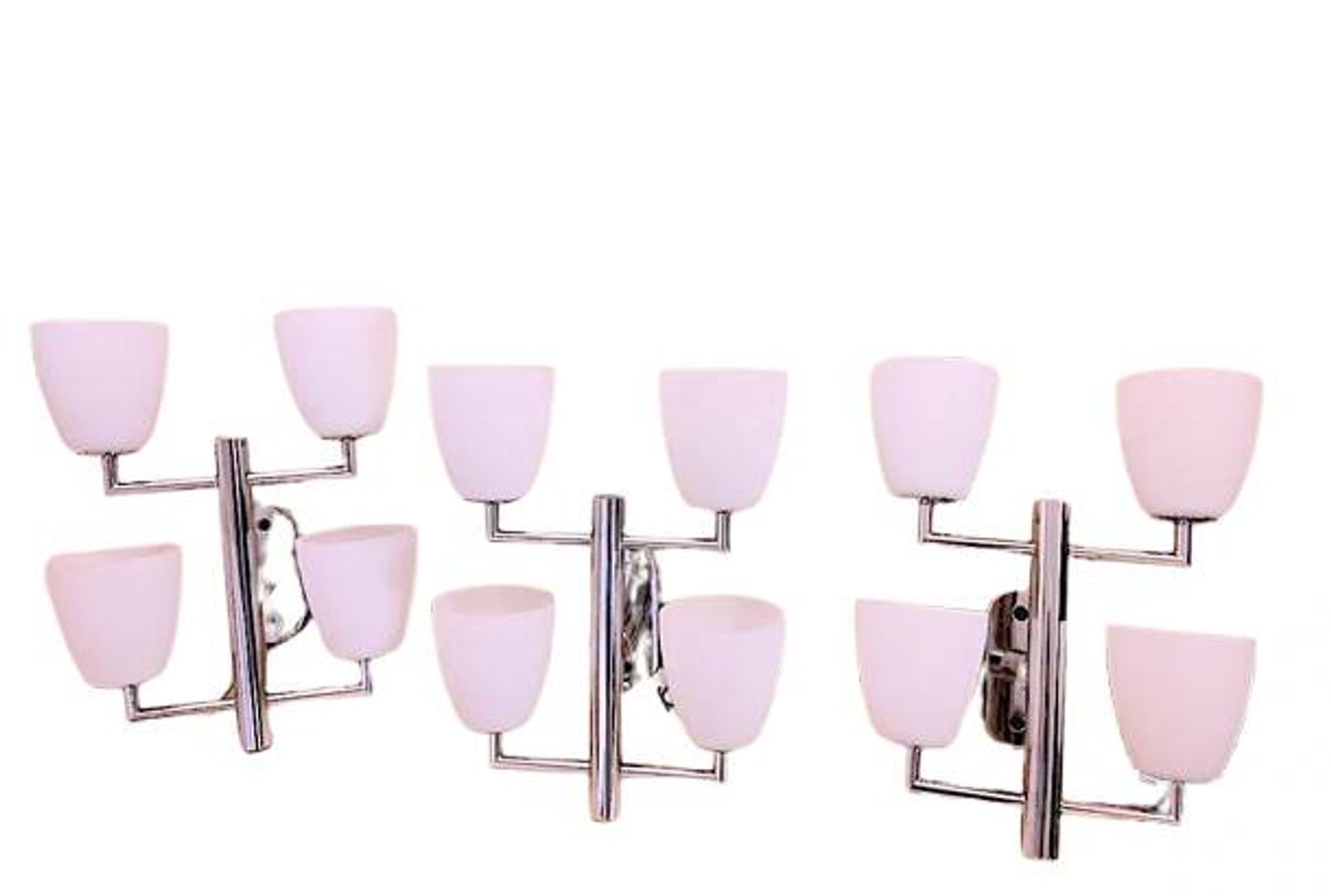 Fontana Arte, Set of 3 4-Light Wall Lamps, White Murano Glass, Italy