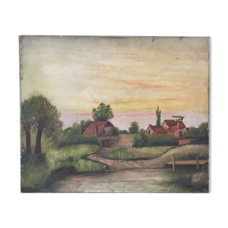 Toile ancienne paysage 65 x 54 cm