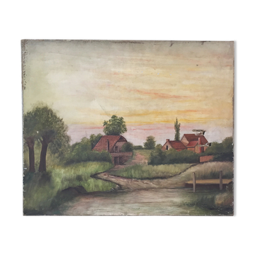 Toile ancienne paysage 65 x 54 cm