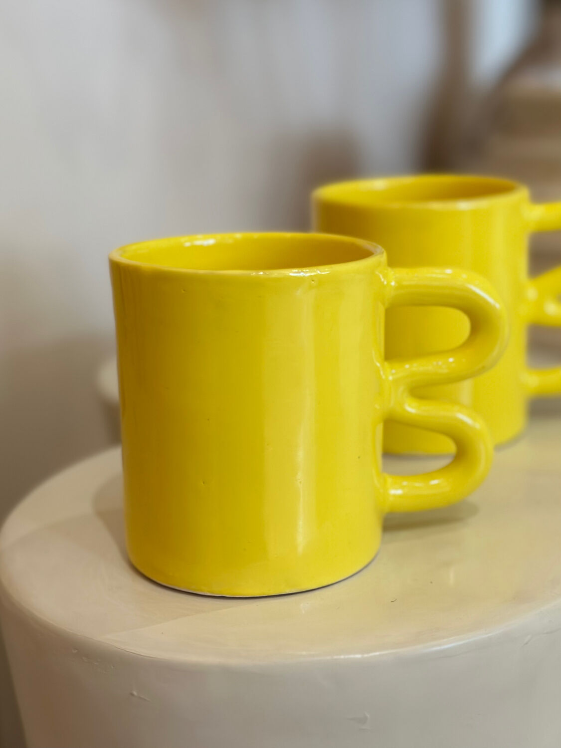 Mug cup ceramic handle graphic wave design colorful lemon yellow