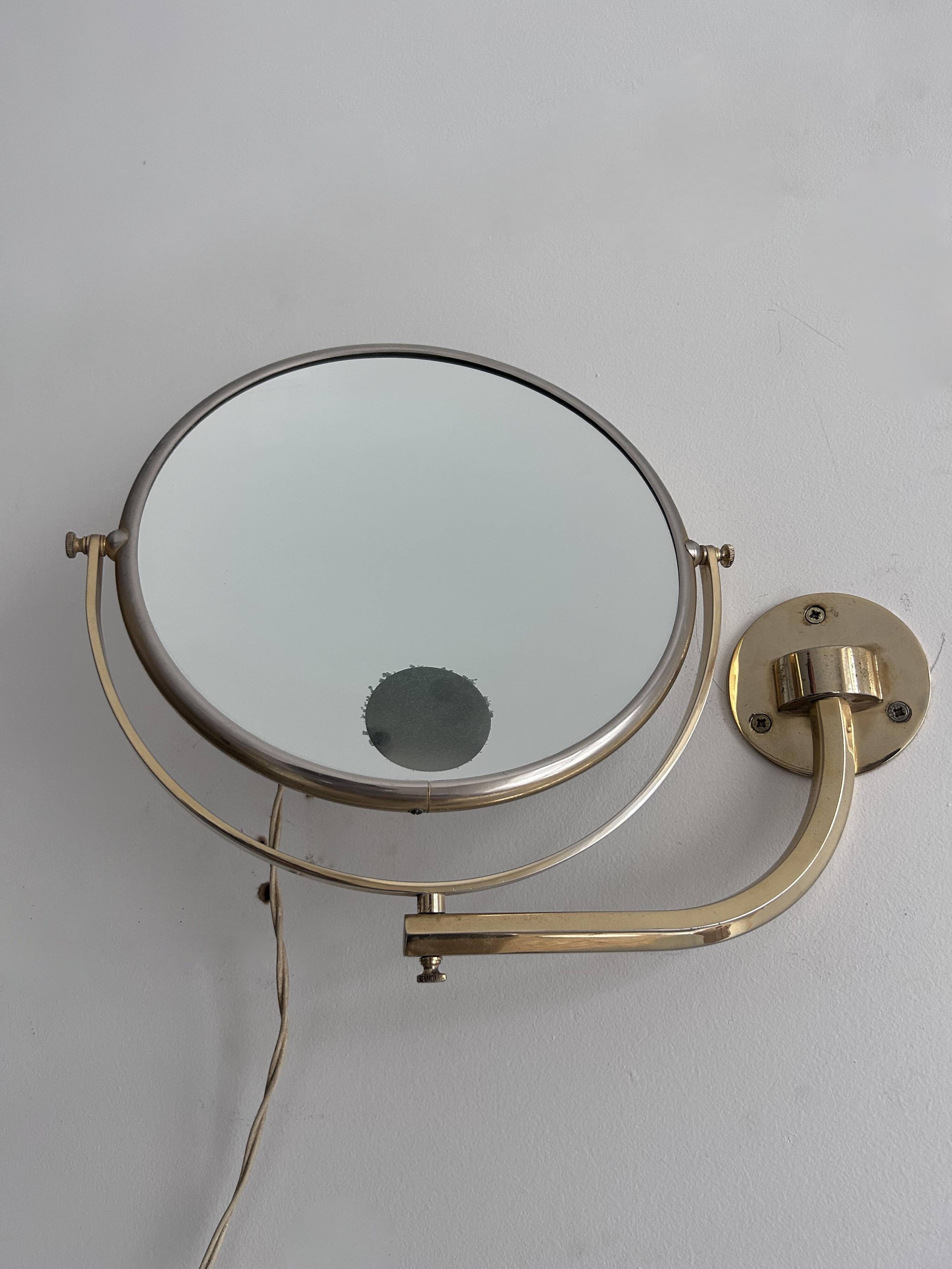 Vintage illuminated adjustable brass mirror, Arpin Paris, France 1970