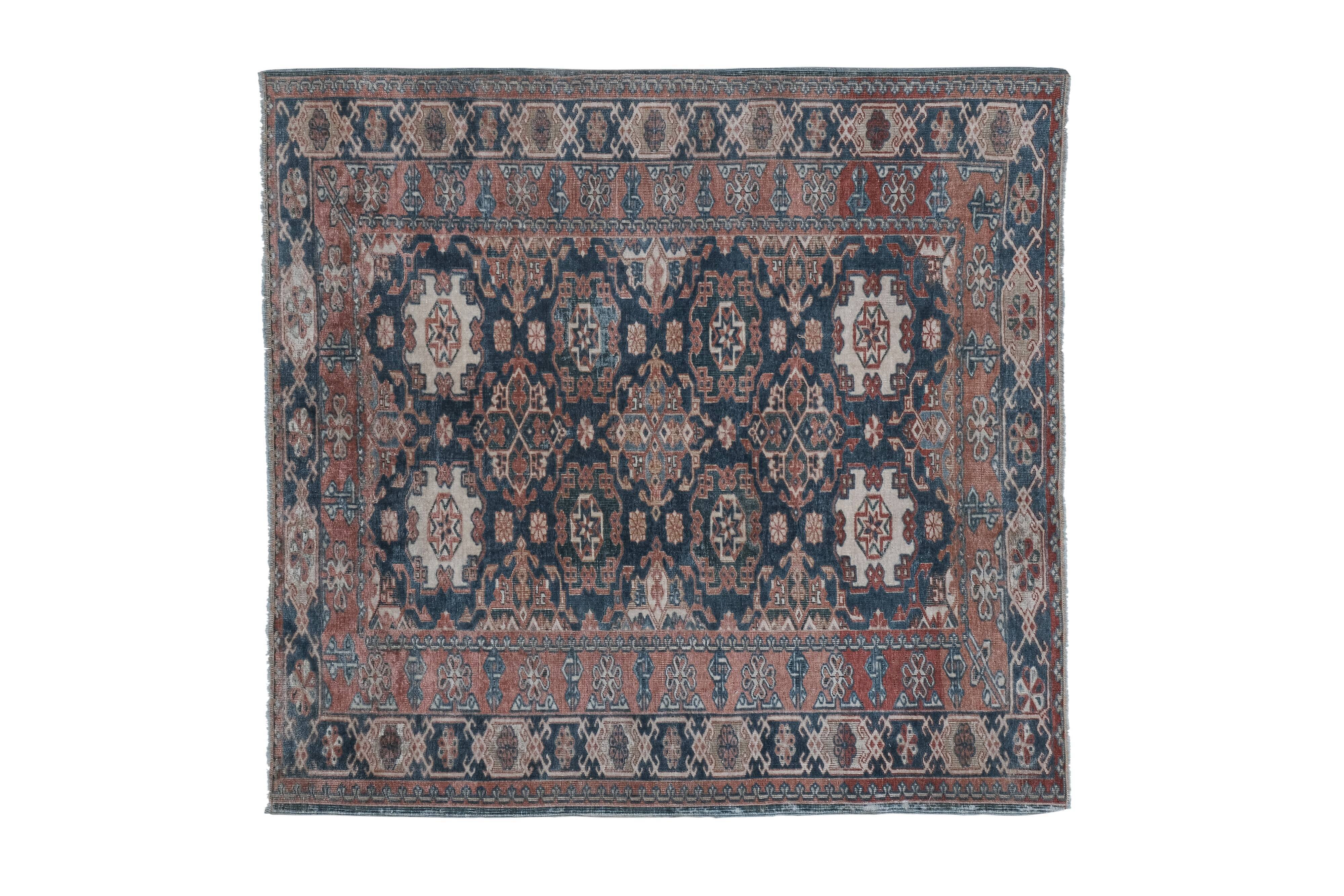 Handknotted Square Caucasian Blue Shirvan Rug 4'5" X 5'1"
