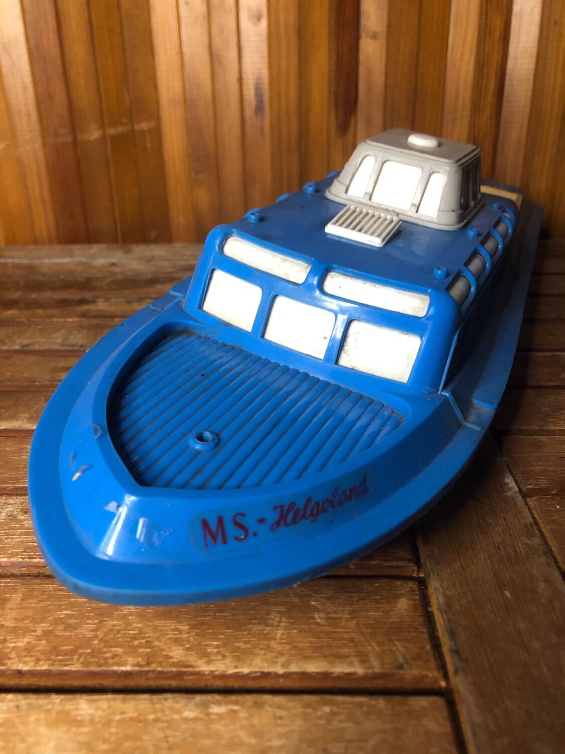 Old Toy Boat Sheet Metal MS Helgoland A Remontoir 1950 Vintage #A599