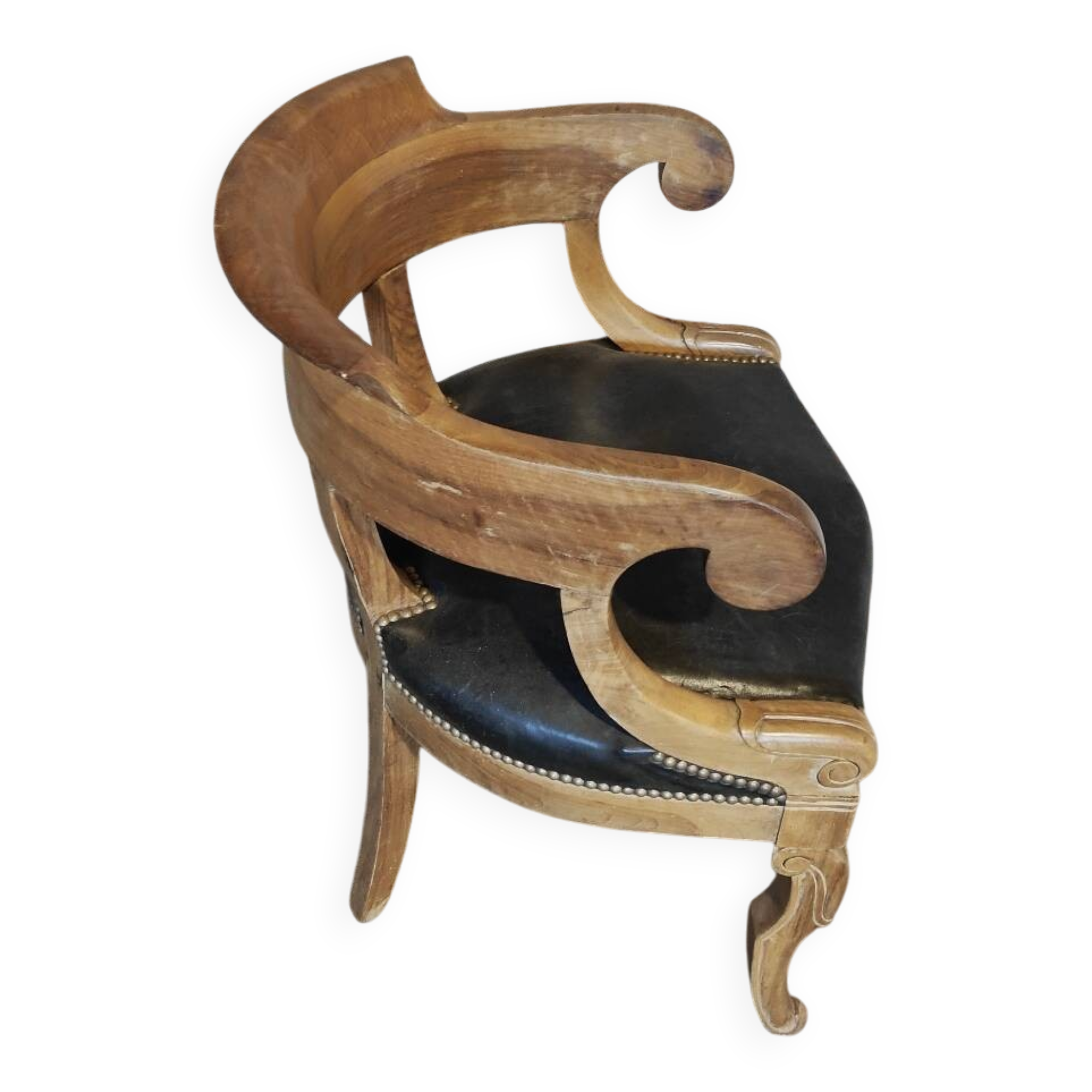 Antique Empire armchair in wood and black leather – gondola backrest
