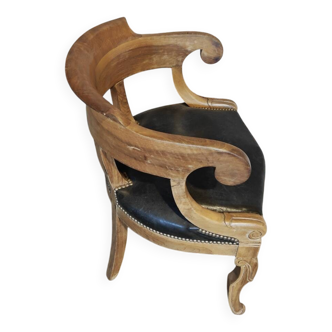 Antique Empire armchair in wood and black leather – gondola backrest