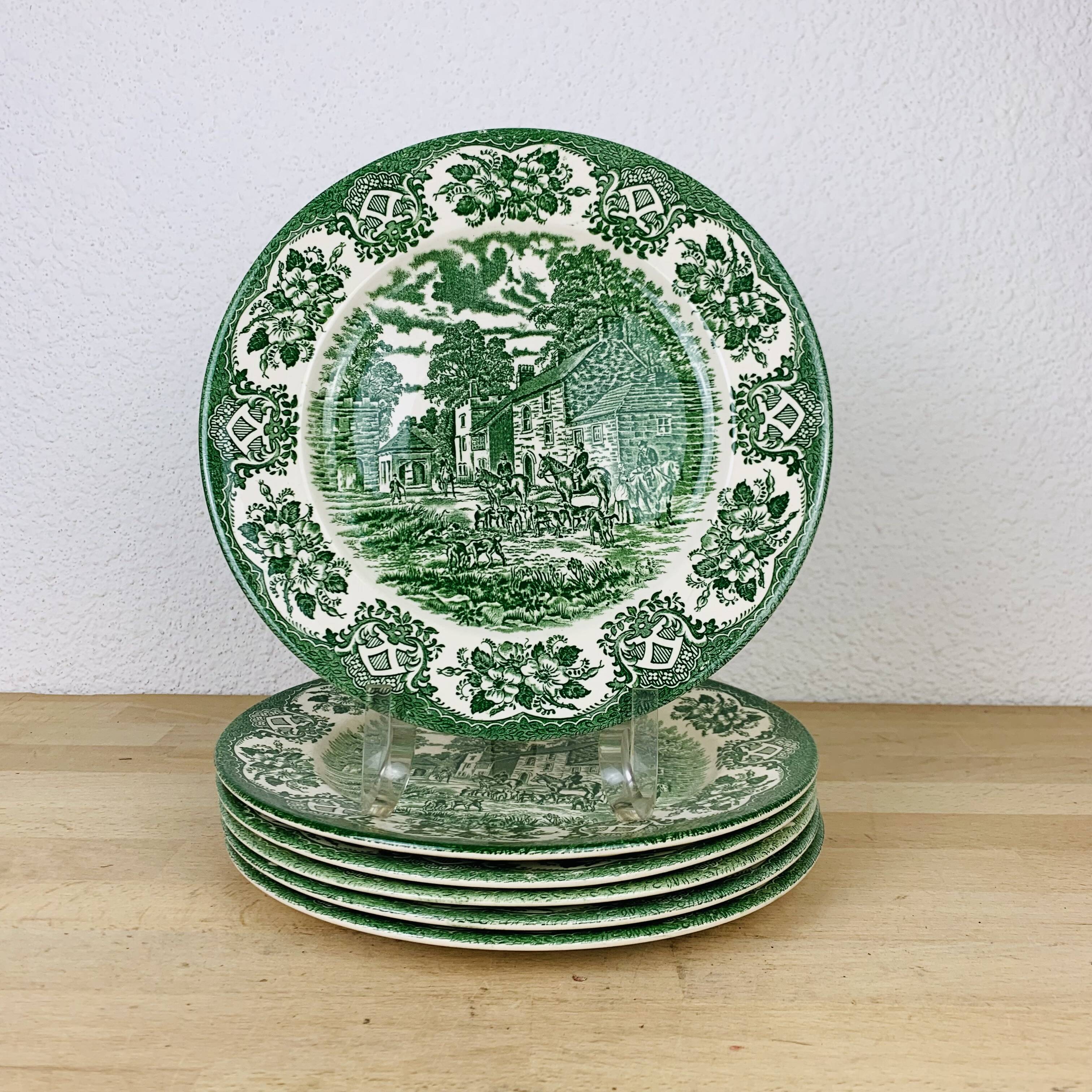 6 green English ironstone plates