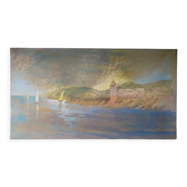 Gouache signée Gravey "Les Collines" Collioure