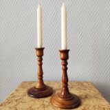 Pair of vintage turned wooden candlesticks