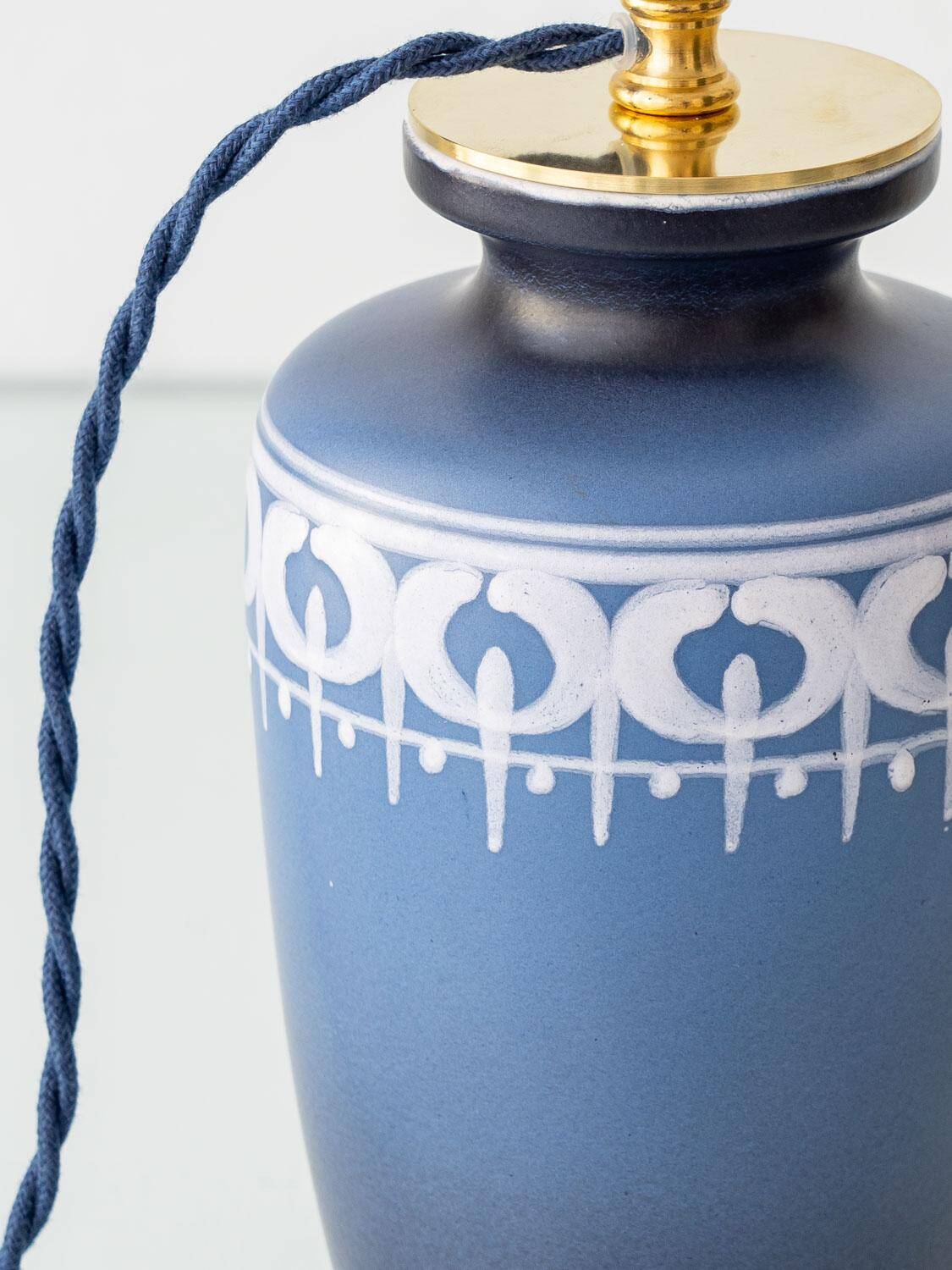 Mid-century modern blue ceramic table lamp with new Liberty London floral shade.