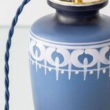 Mid-century modern blue ceramic table lamp with new Liberty London floral shade.