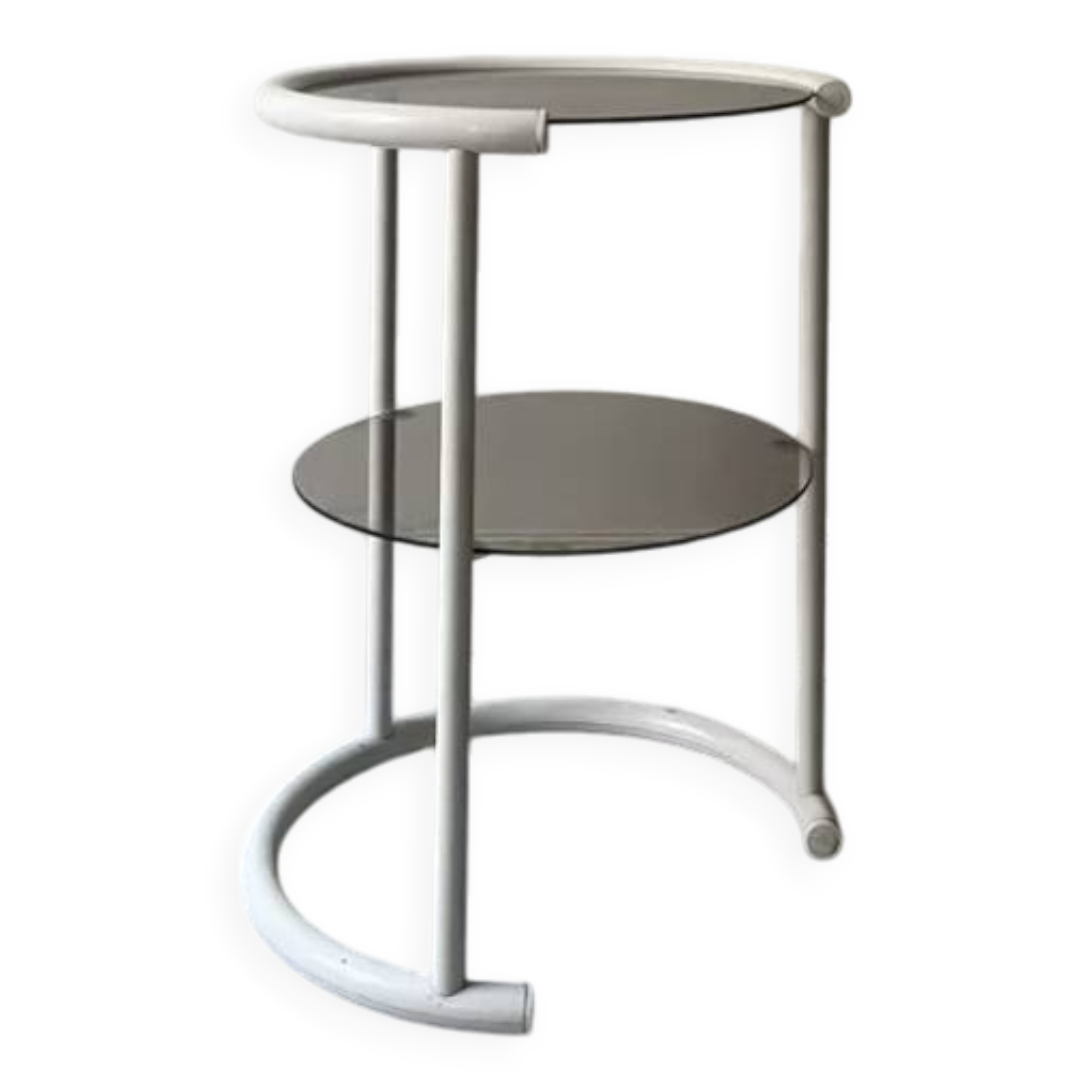 Tubular space age serving table in white metal and pink smoked glass, 1970s design