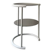 Desserte table space age tubulaire en métal blanc et verre fumé rose, design 1970